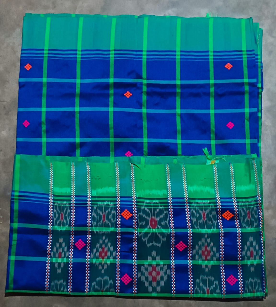 Traditional Santhali Blue-Green Check Cotton Saree