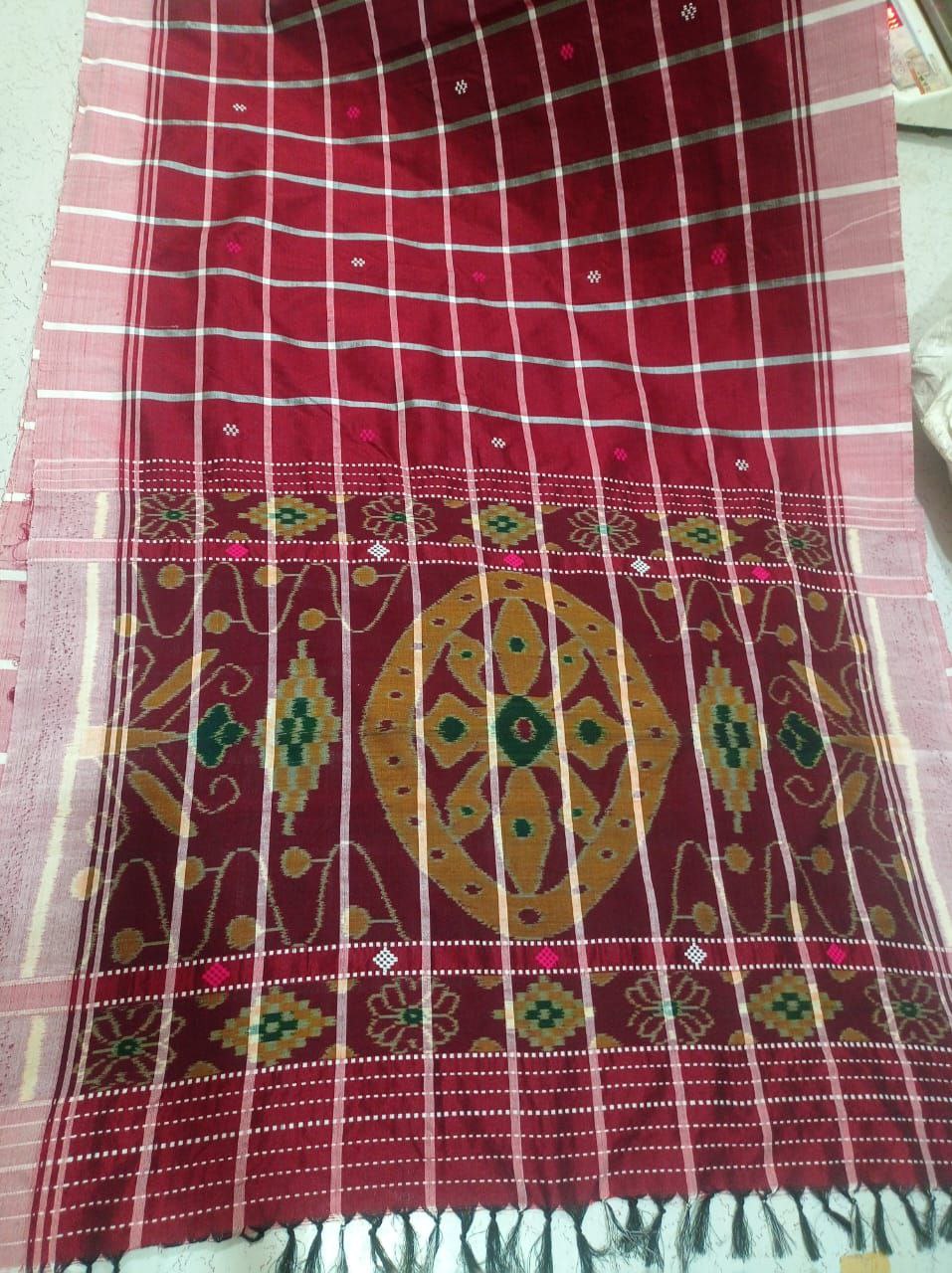 Maroon Santhali Saree with Mustard Tribal Border