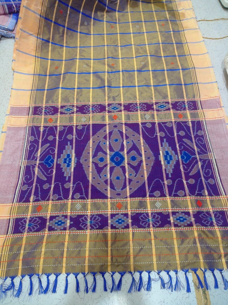 Purple Santhali Saree with Yellow Check and Ikat-Style Border