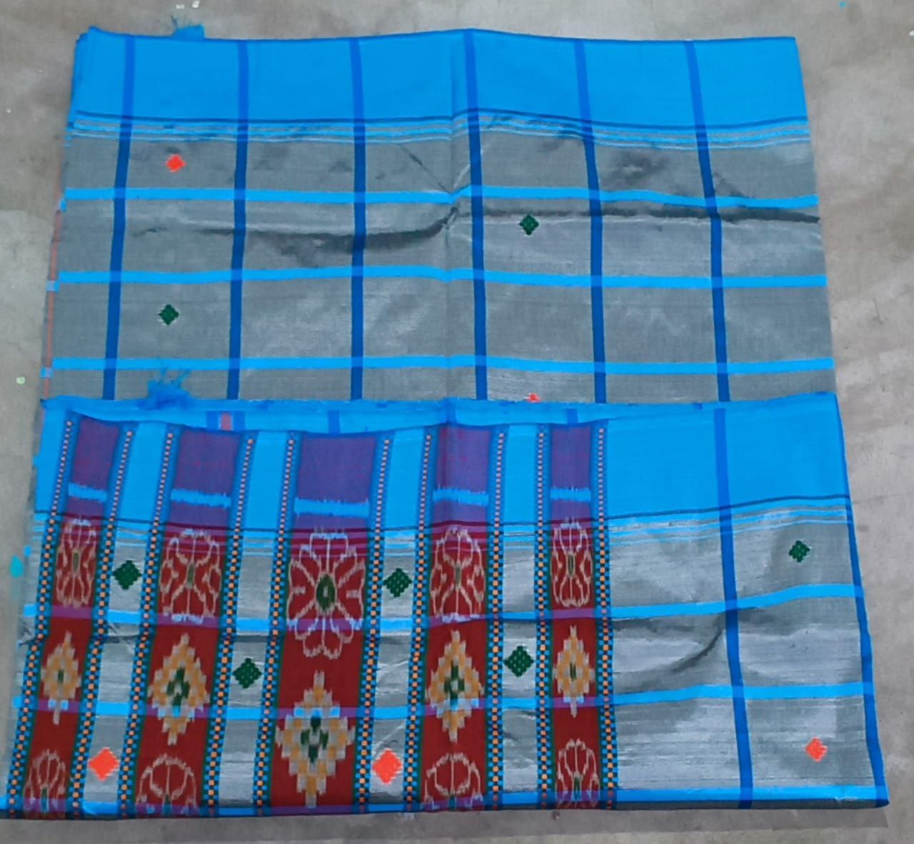 Blue-Grey Santhali Saree with Red Tribal Border