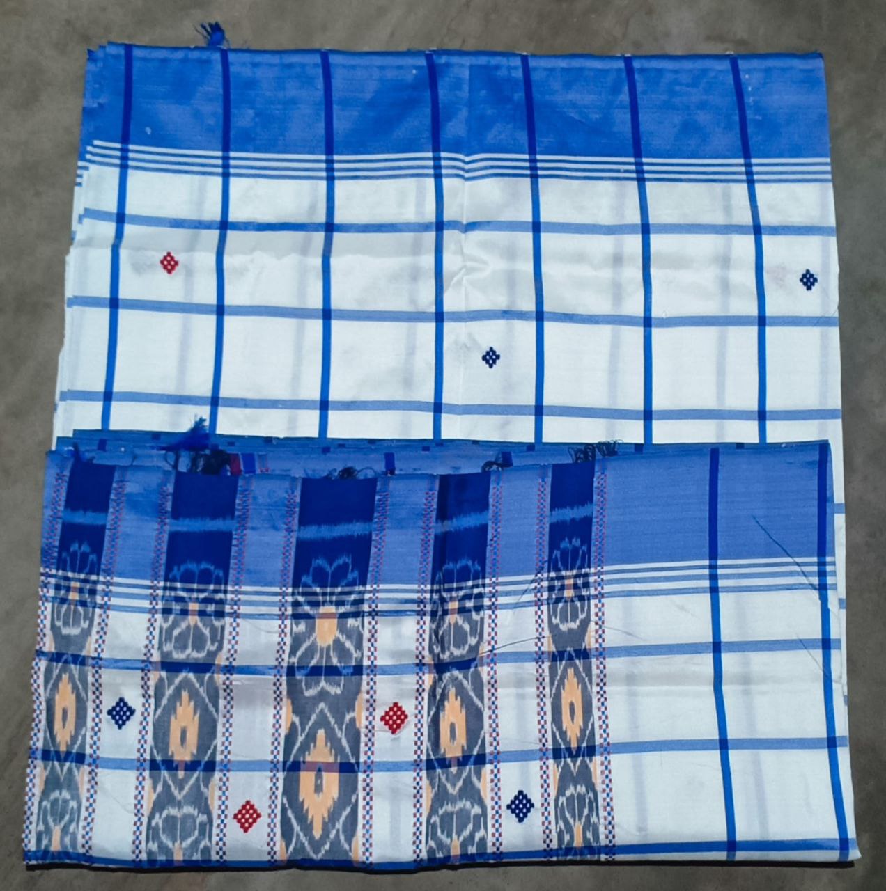 White and Blue Santhali Saree with Traditional Border