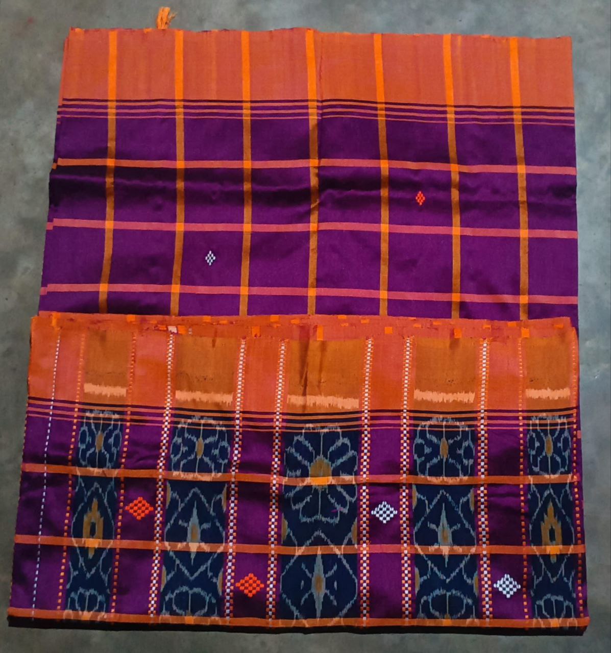 Orange-Violet Santhali Saree with Heritage Tribal Border